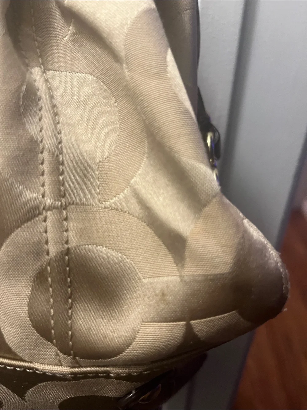 Coach Signature Shoulder Bag in Tan and Brown with Gold Hardware